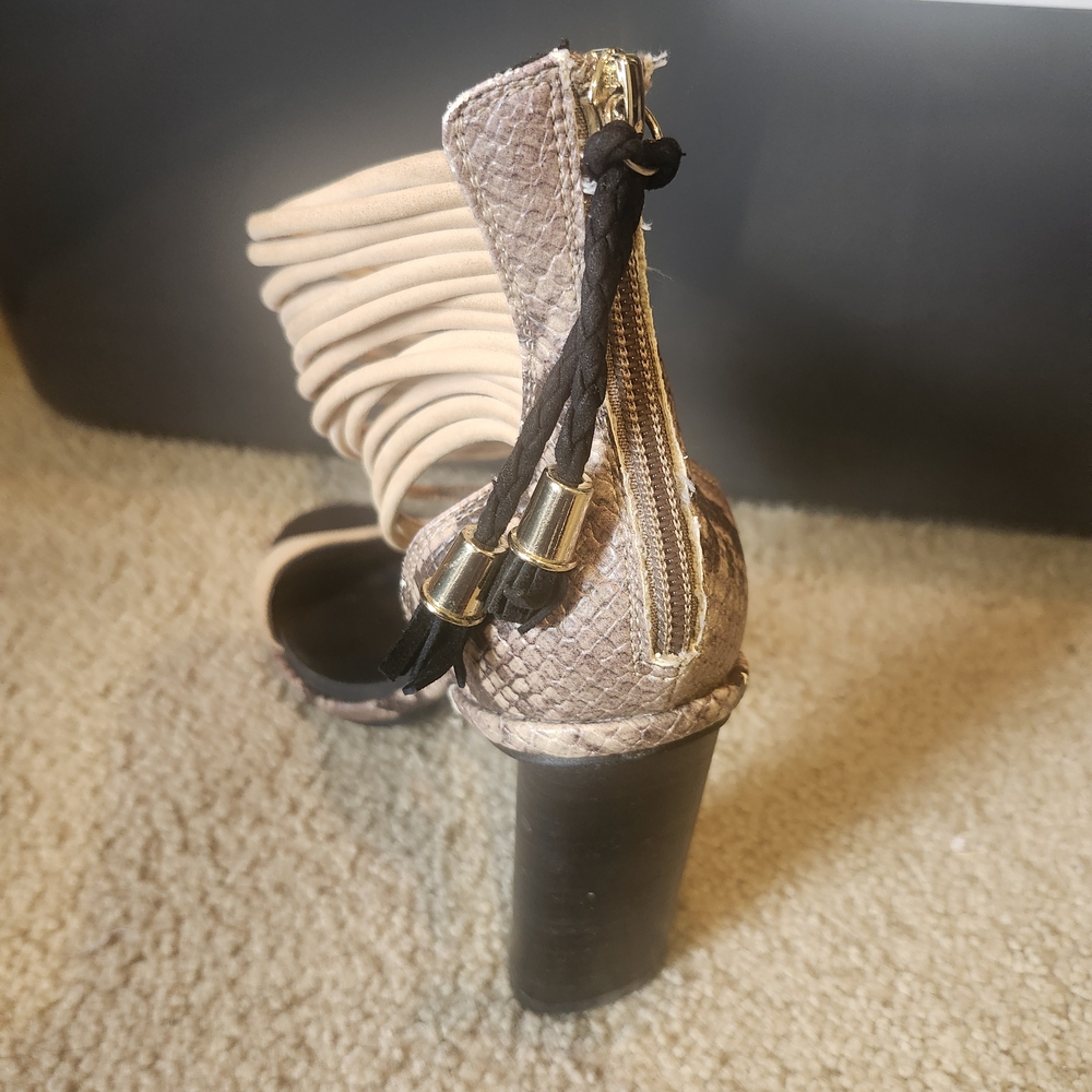 Aldo Beige Fringe Snake-Print Block Heel Sandals - Picture 2 of 5